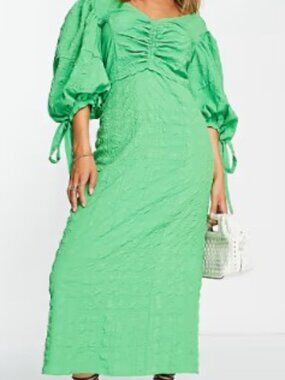 Topshop Textured Seersucker Puff Sleeve Midi Dress - Green